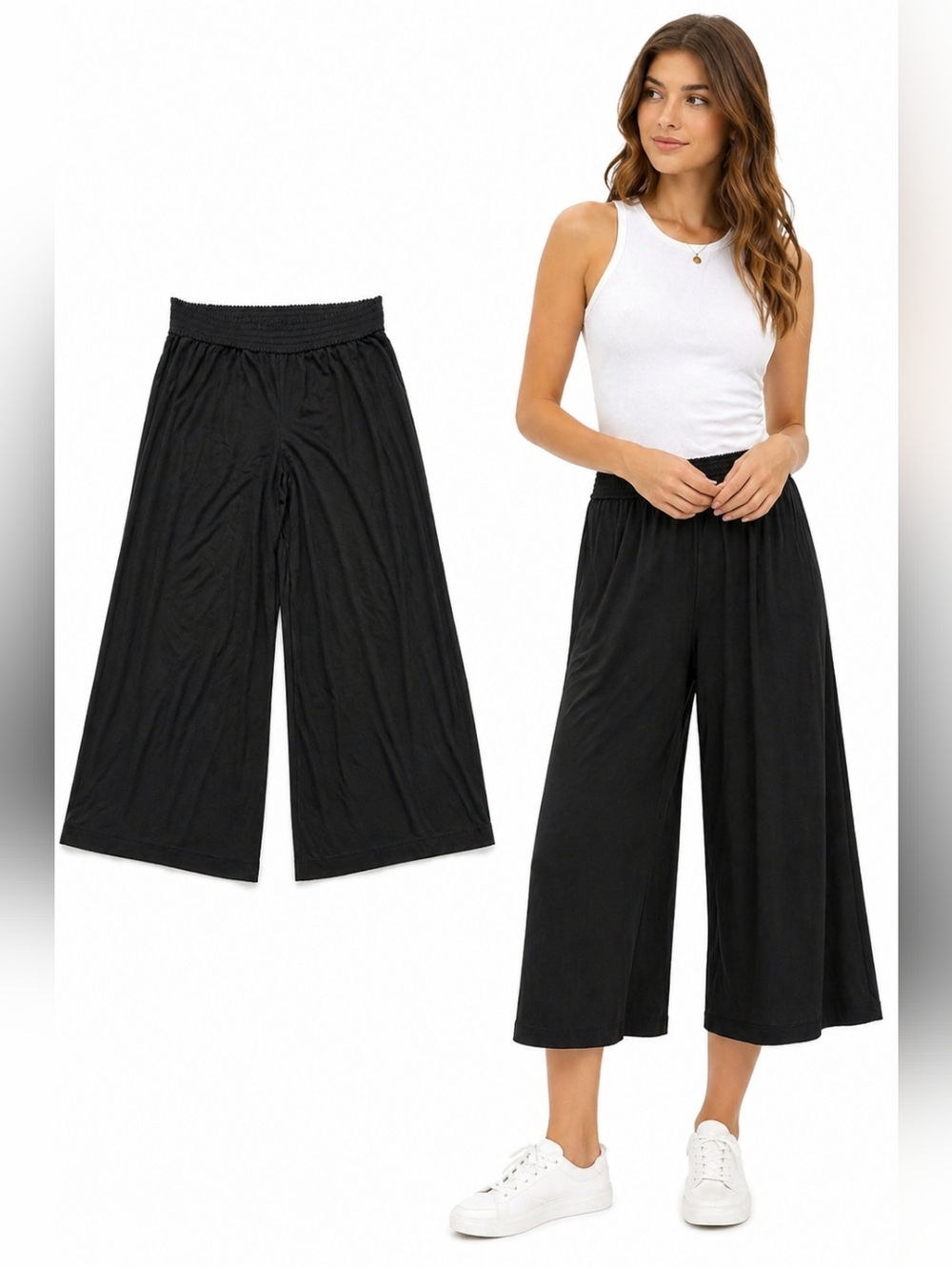 I.N. Studio Black Wide Leg Cropped Pants Size L Flowy Pull On Elastic Waist
